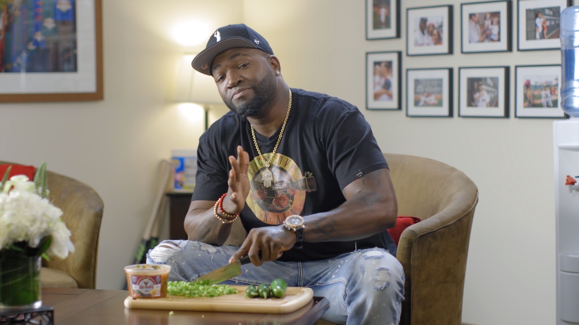 David Ortiz slicing jalpenos on cutting board